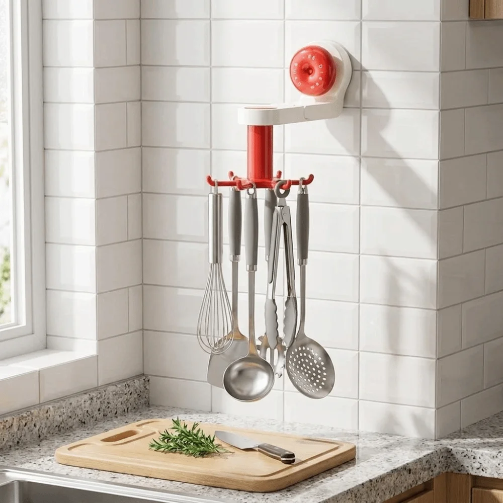 Rotatable Kitchen Rotating Hook Six-Claw Space-Saving Wall Mounted Storage Rack with Suction Cup Spatula Storage Rack
