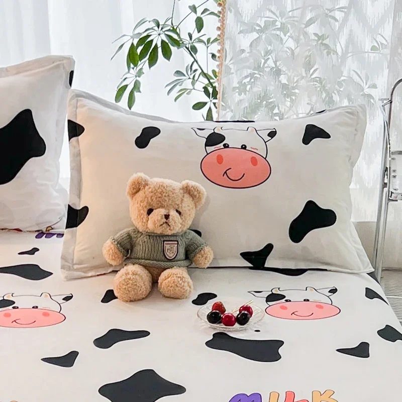 Ensemble de draps plats en forme de vache à lait, mignon, double roi, dessin animé, animaux de ferme, décor de chambre d'adolescent, housse de lit Kawaii avec 2 taies d'oreiller