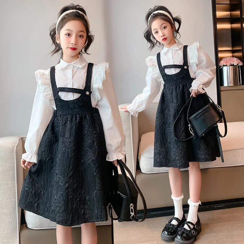 

2pc 2024 Summer spring Girls Child mesh Casual cotton Princess Teenager blouse + backless overalls Floral dress 5 7 9 10 12 year