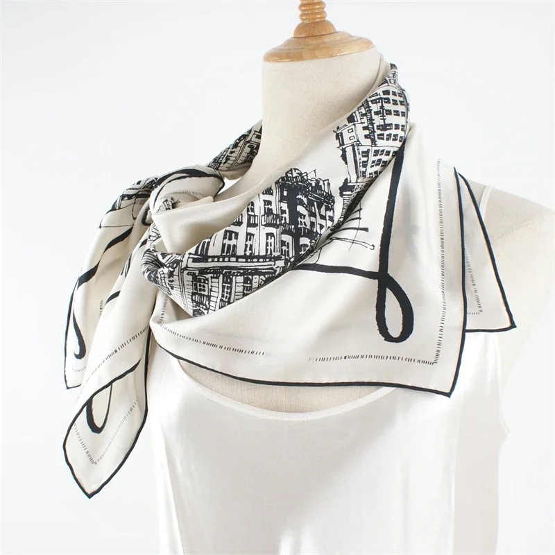 90 Silk Scarf Neckerchief Classic Black White Printed Womens Fashion 100% Silk Scarves Wraps Shawl