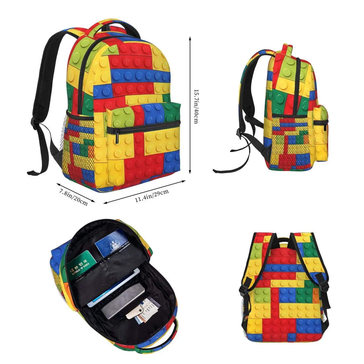 Colorful Bricks Design Backpacks Boys Girls Bookbag Children School Bags Cartoon Kids Rucksack Lunch Bag Pen Bag Three-Piece Set