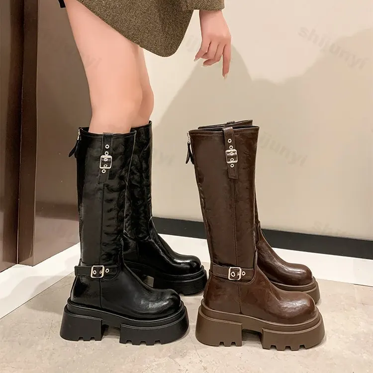 Knight Boots for Women Motorcycle Boots Retro Brown Belt Buckle Round Head High Women Boots Ladies Platform Boot Shoes for Women