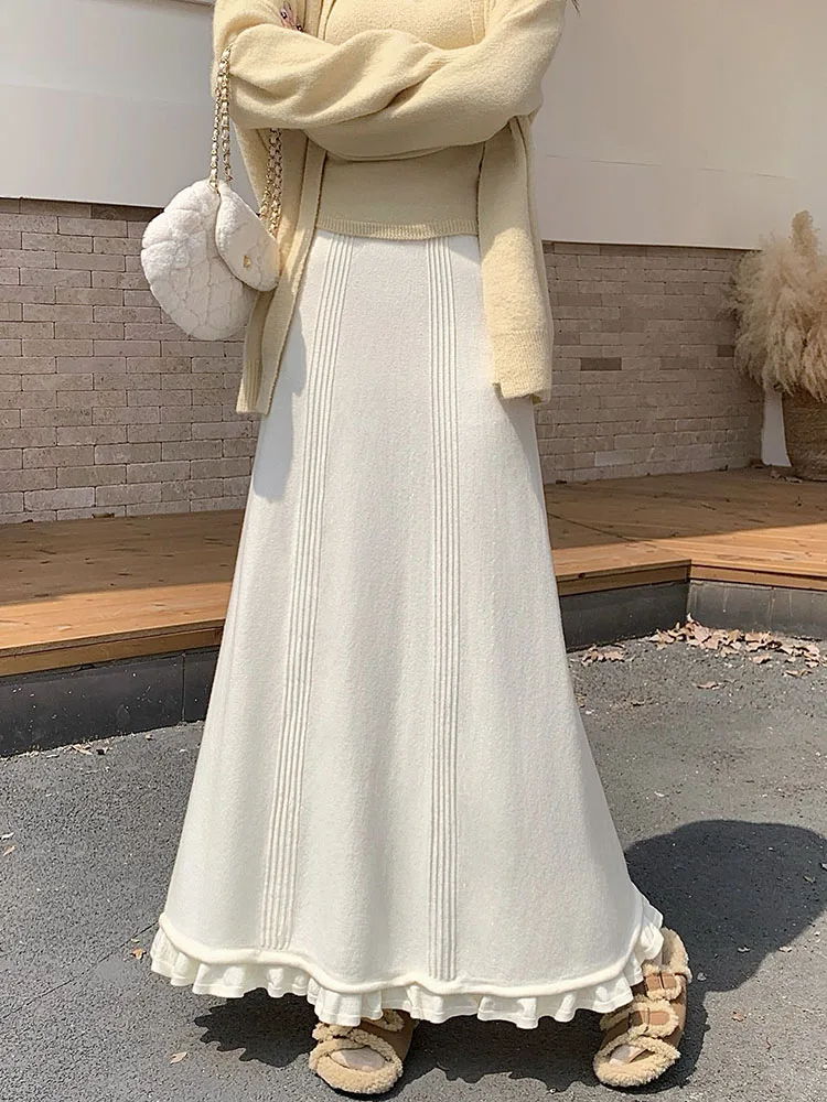 

Черная трикотажная полуюбка с грибковым краем, женская осенне-зимняя новая эластичная длинная юбка трапециевидной формы с высокой талией для похудения