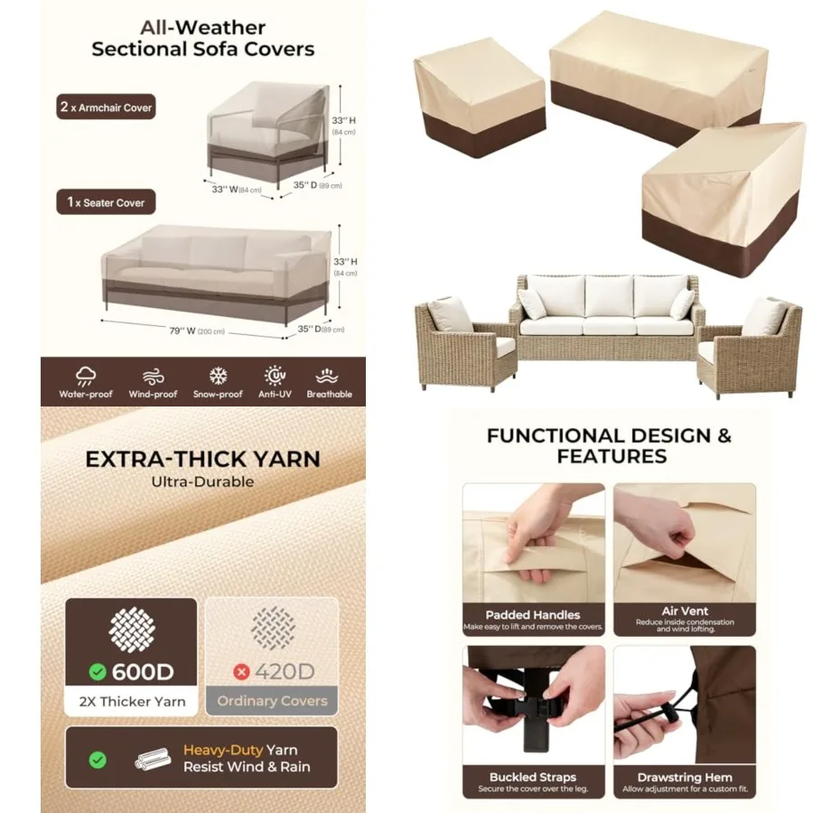 

3-Piece Patio Furniture Covers for Outdoor Seating 600D Heavy-Duty Waterproof, Fits 79 W Sofa 2 Armchairs, All-Weather Windproo