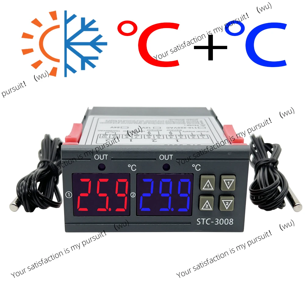 Dual Digital STC-3008 Dual Relay Output Thermostat Heater with Probe 12/24/220 V Household Refrigerator, Hot and Cold