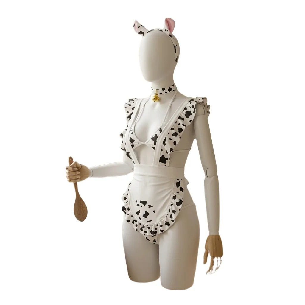 Women's Cow Print Maid Cosplay Lingerie Set with Ruffled Apron Bikini Headband and Bell Choker for Anime Role Play