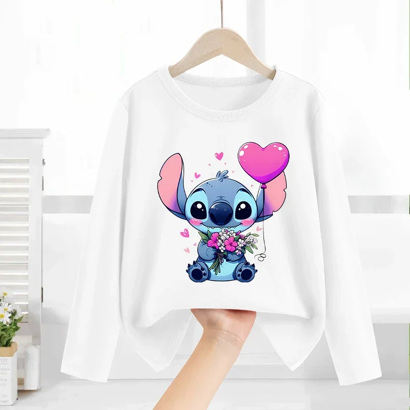 Disney Lilo&stitch Children T-shirt Cotton Tees Long Sleeve Base Coat Leisure Wear Boys Girls Cute Cartoon Tops Kids Clothes