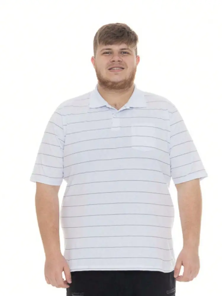 Plus Size White Striped Polo Shirt with Pocket