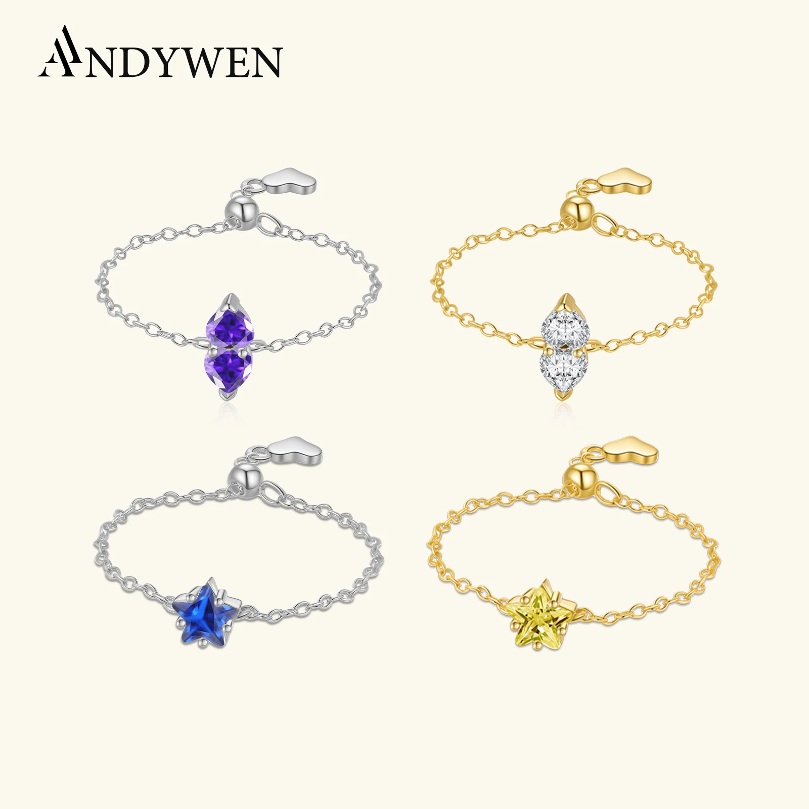 

ANDYWEN, стерлинговое серебро 925 пробы, звезда и сердце, красочный циркон, CZ, регулируемая цепочка, кольцо 2021, ювелирные изделия для женщин, подарок на вечеринку и свидание