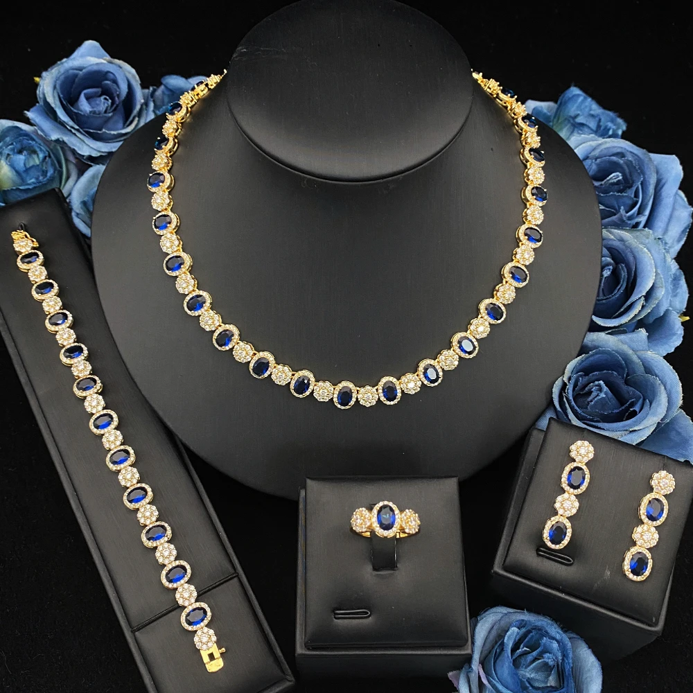 

JRH Valentine's Day Gift Luxury Gold Plated Brass Jewelry Set with Sparkling Zircon Bracelet Ring Necklace Earrings Premium