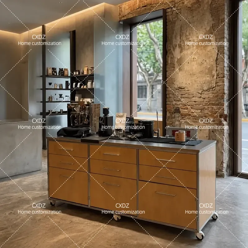 Aluminum profile ocean plate storage cabinet stainless steel countertop coffee shop console drawer storage side cabinet