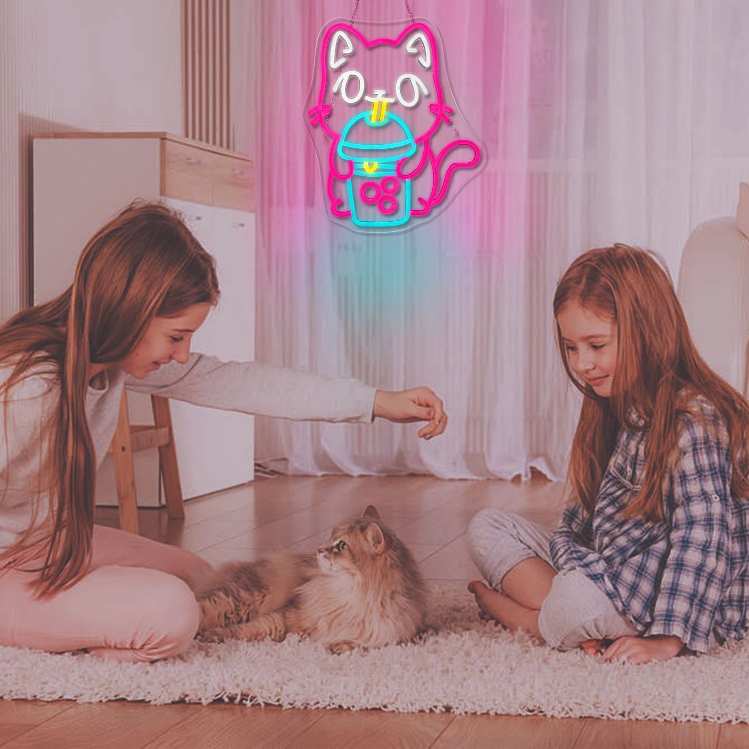 Cat Boba Tea Neon Sign For Wall Decor Bubble Tea Cute Signs LED Lights Room Decoration For Dessert Shop Bar Party Bedroom Club