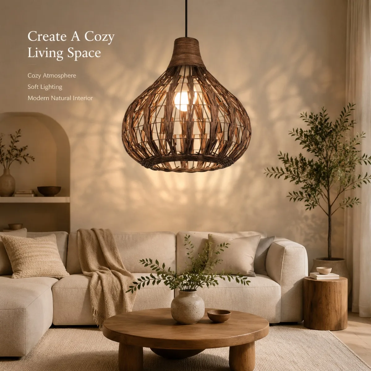 JOYINLED Handwoven Rattan Chandelier, Natural Wicker Pendant Light, Handmade Ceiling Fixture for Living Room Dining Room Decor