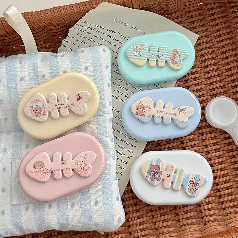 Cute Cartoon Fish Bone Oval Contact Lens Case With Mirror Portable Eye Care Storage Box