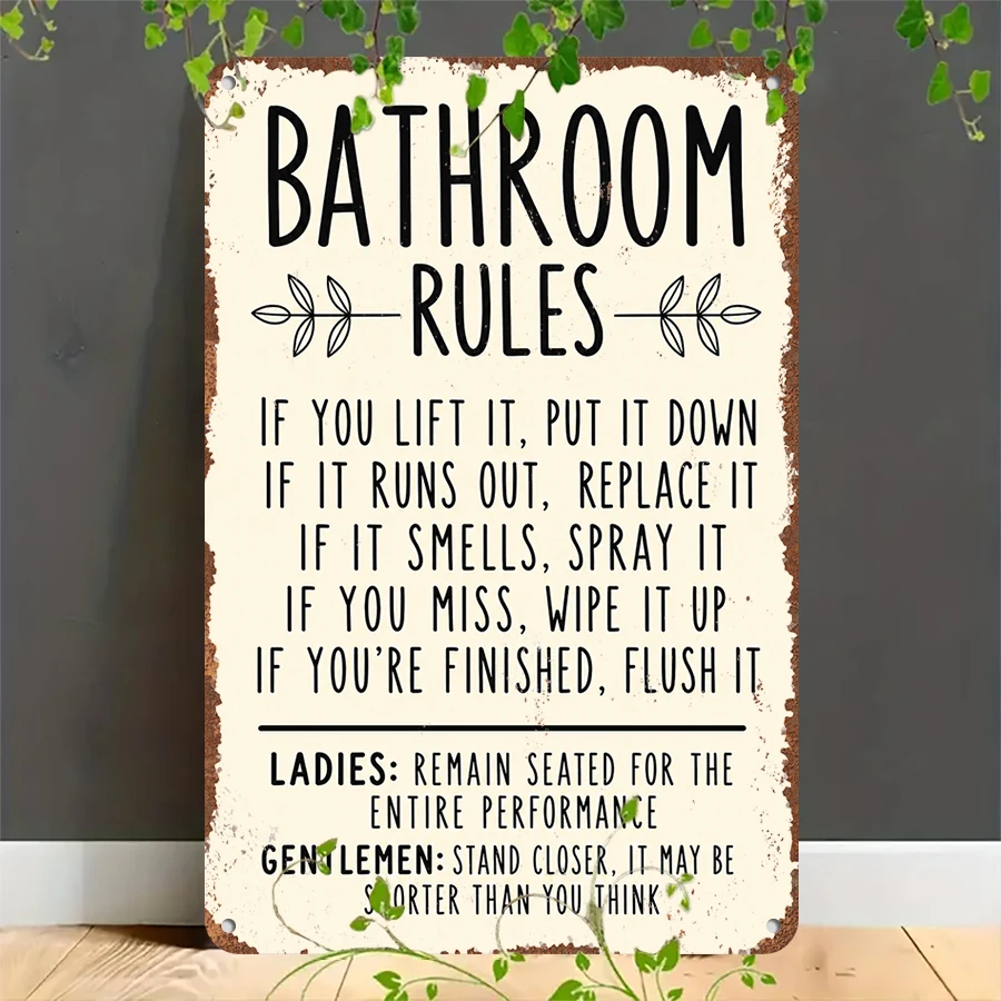 2D flat retro metal tin plate,  Vintage Bathroom Rules Tin Sign, Suitable for home, garage, café, bar and garden decoration