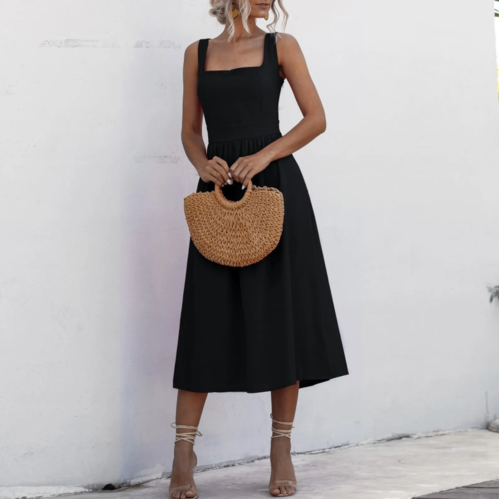 

Women'S Casual Simple Solid Sundress High Waist Sleeveless Slash Neck Midi A-Line Dress Oversized White Black Red Midi Dresses