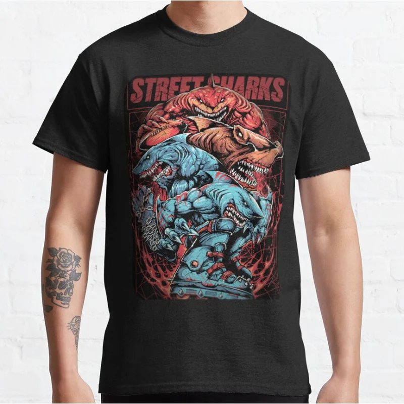 

Street sharks Retro sea Shark ocean animal Short-sleeve crewneck T-shirt for men large size Adult Tops S-6xl