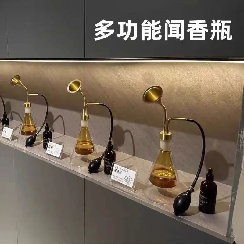 Brass Funnel Glass Aroma Sniffing Bottle, Conical Clear Glass Vessel with Press Air Bulb for Coffee Tea Wine Fragrance Tasting