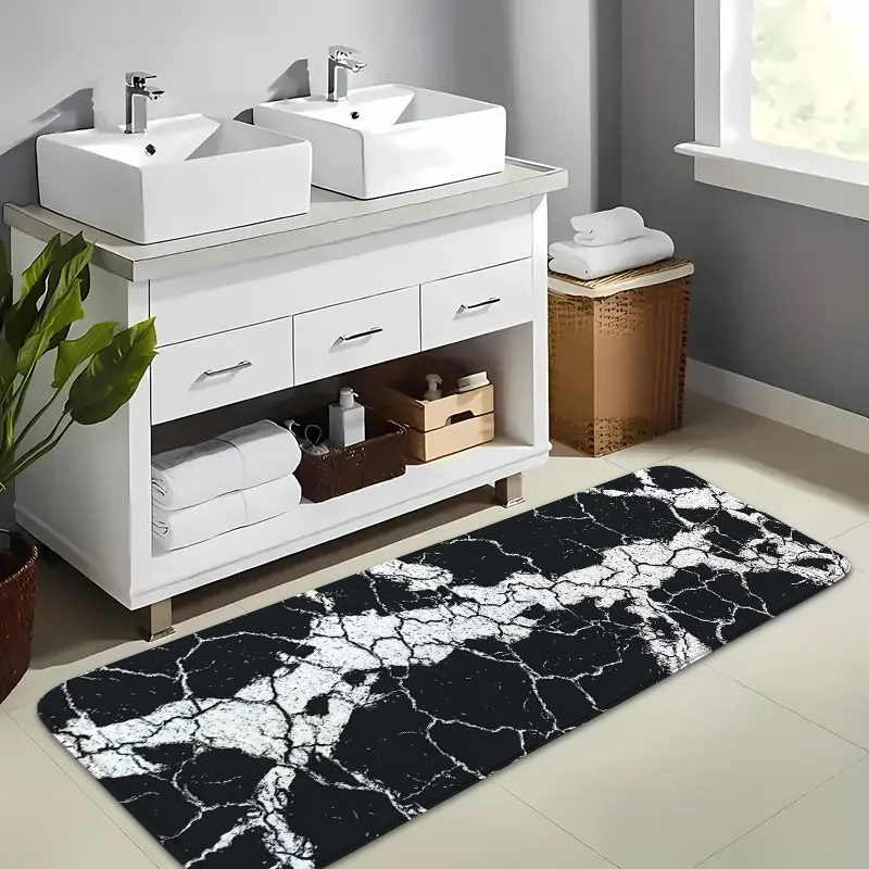 Black White Marble Vein Long Bath Runner Mat Anti Slip Absorbent Floor Rug Modern Stone Carpet for Bathroom Sink Kitchen Laundry