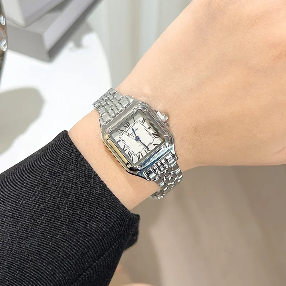 Frauen Fashion Square Uhren Silber Edelstahl Armband 2025, Luxus Mann Quarz Armbanduhren Qualitäten Weibliche Römische Skala Uhr