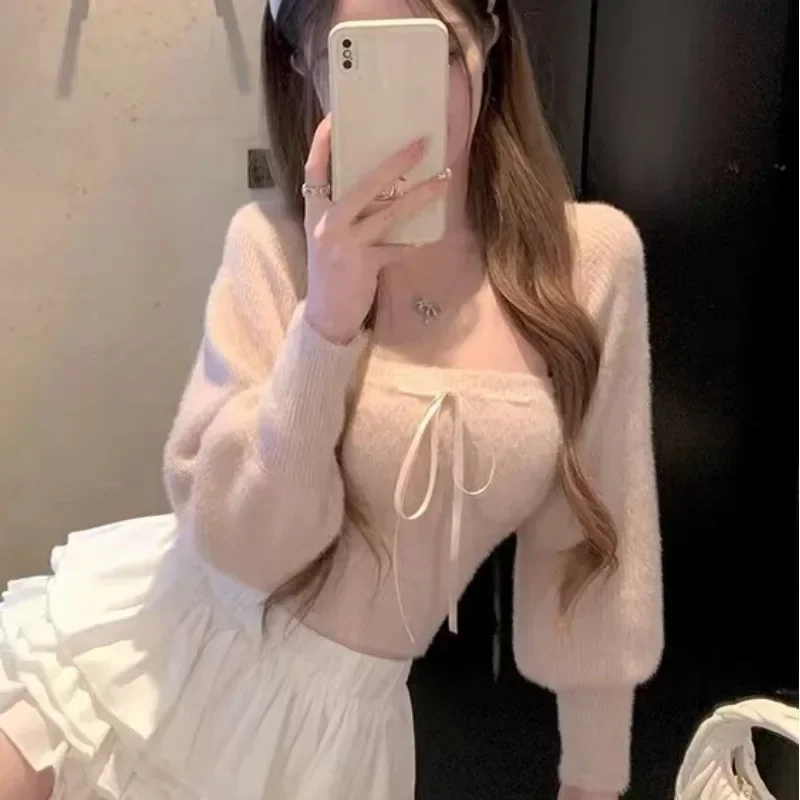 Y2K Fashion Two Piece Set Women Clothing Long Sleeve Cropped Cardigan Solid Bandage Tunic Vest Outfits Femme Sexy Knitted Suit