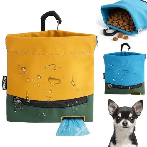 Portable Dog Treat Pouch, Hands-Free Pet Training Snack Bag with Carabiner, Auto-Closing Nylon Fabric Dog Walking Bag for Outdoo