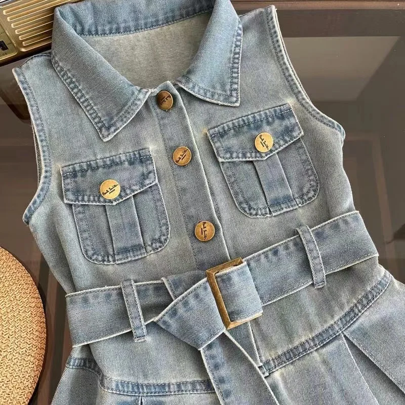 Summer Solid Kid Girls Sleeeveless Denim Dress Toddler Baby Kids Girl Princess Sundress Party Clothes New Young Girl Denim Dress