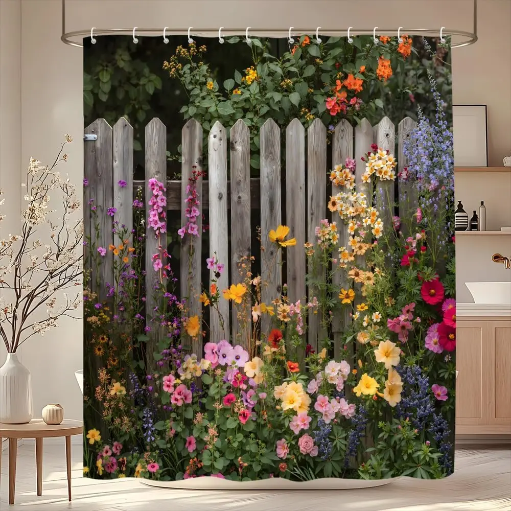 

Rustic Garden Shower Curtain Vintage Wooden Fence with Colorful Flowers Spring Floral Nature Scene Bathroom Decor Polyester
