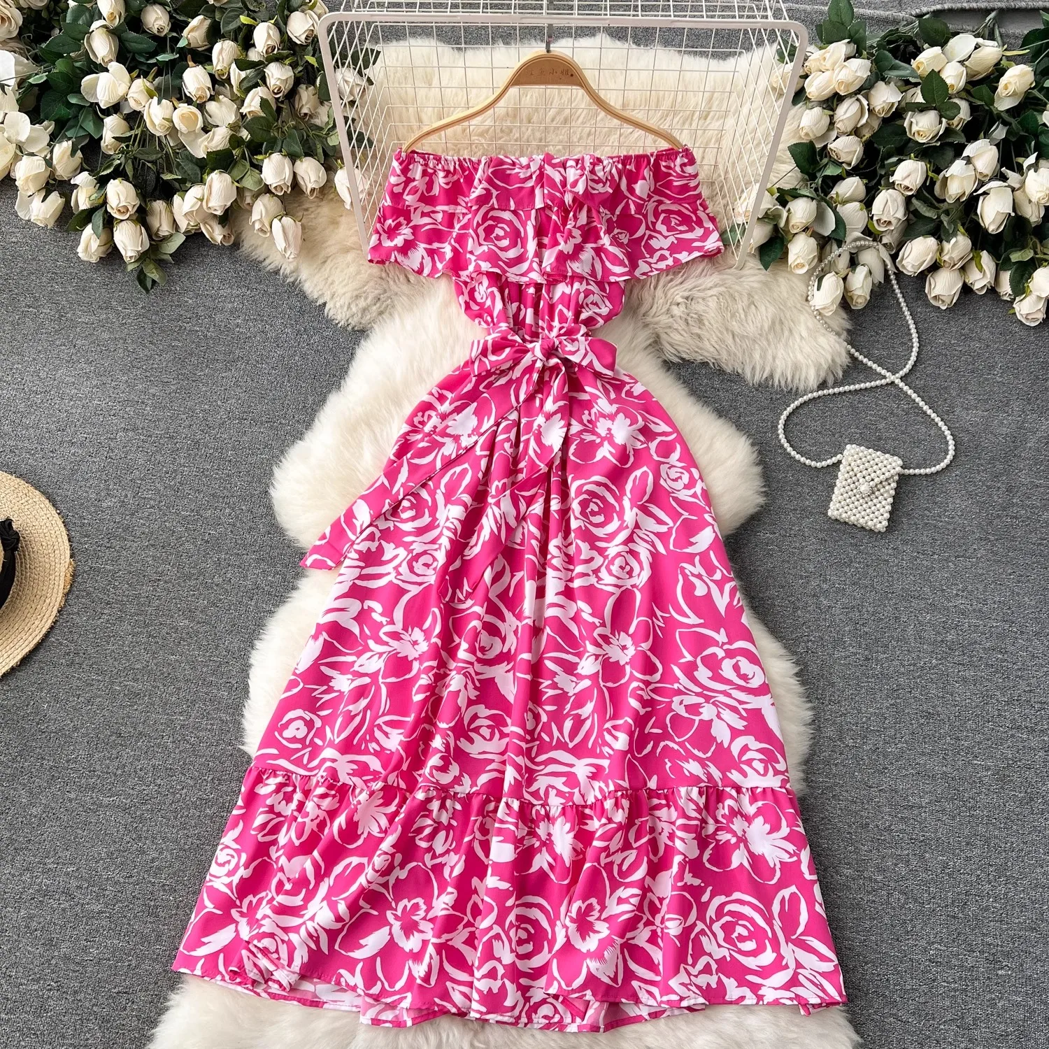 YuooMuoo Schickes Modisches Blumenprint Langes Damenkleid 2026 Neuer Sommer Y2K Schulterfreies A-Linien-Kleid Urlaub Strand Vestidos
