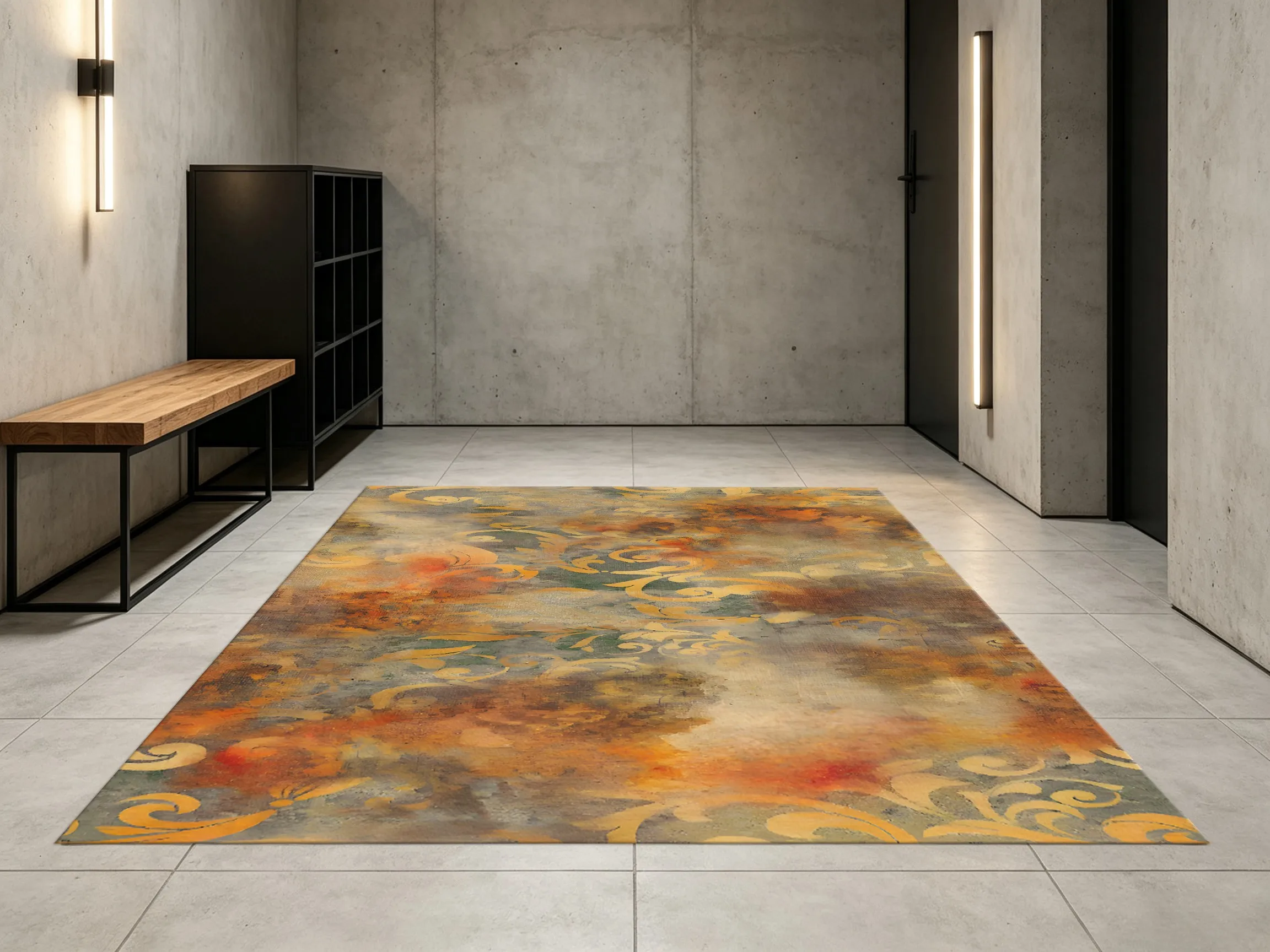 A Warm Brown Scrollwork European Oil Painting Style Velvet Rug, Suitable for Christmas and New Year, Perfect for Living Rooms, Bedrooms, and Entryways, Creating a Retro, Sophisticated, and Light Luxury Home Atmosphere