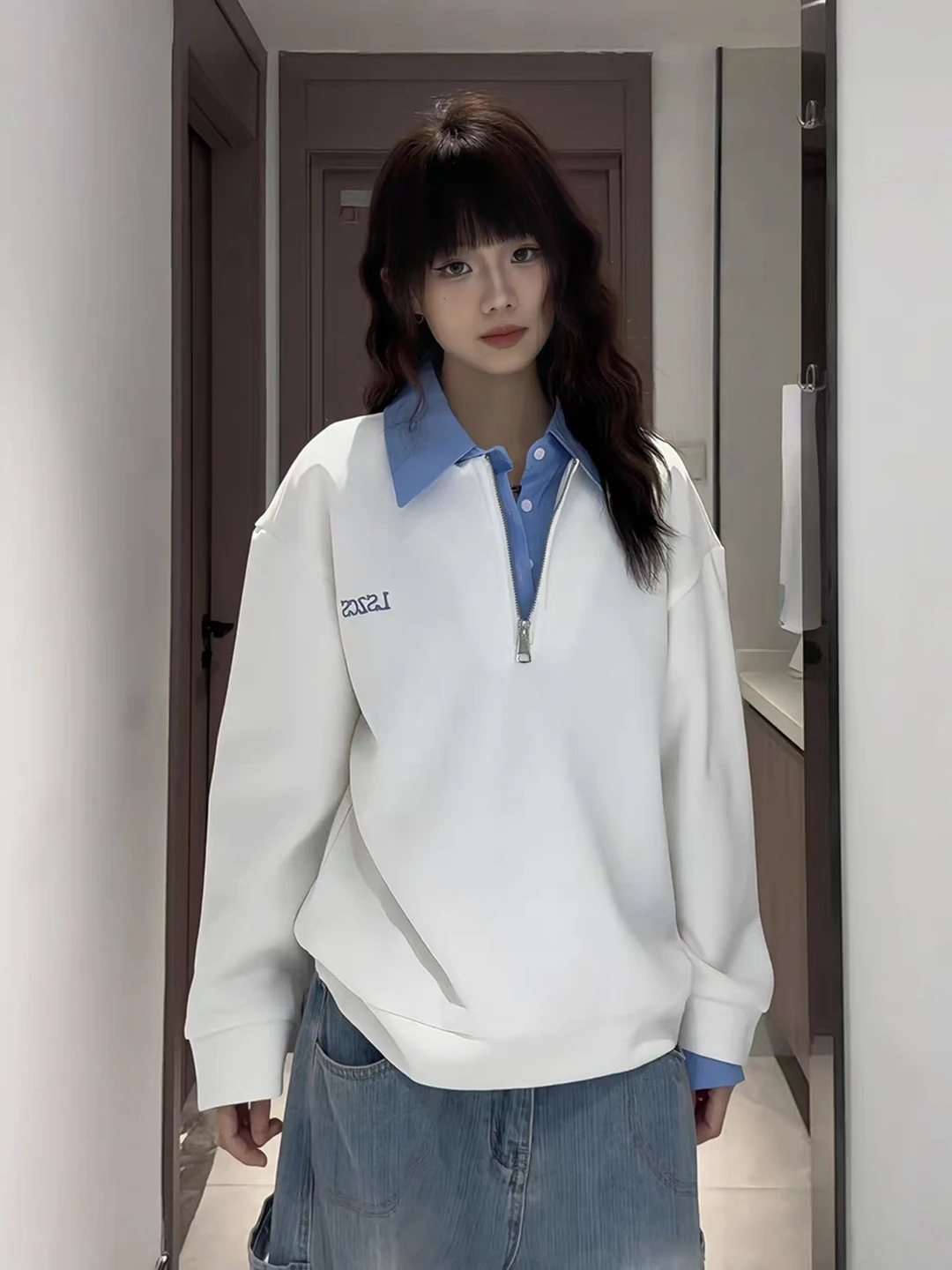 

Мужская весенняя толстовка American Style с длинным рукавом, имитация двухслойности, белая, плотная, с воротником, для верхней части тела