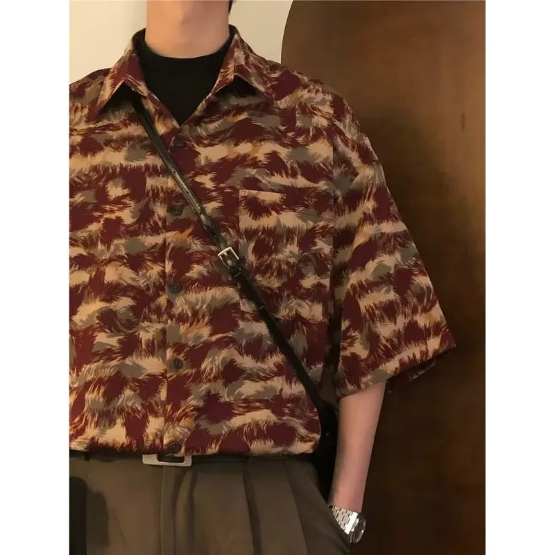 

Мужская одежда, летняя винтажная рубашка с лацканами в стиле Харадзюку, молодежная мужская повседневная рубашка с короткими рукавами, роскошные красивые топы большого размера