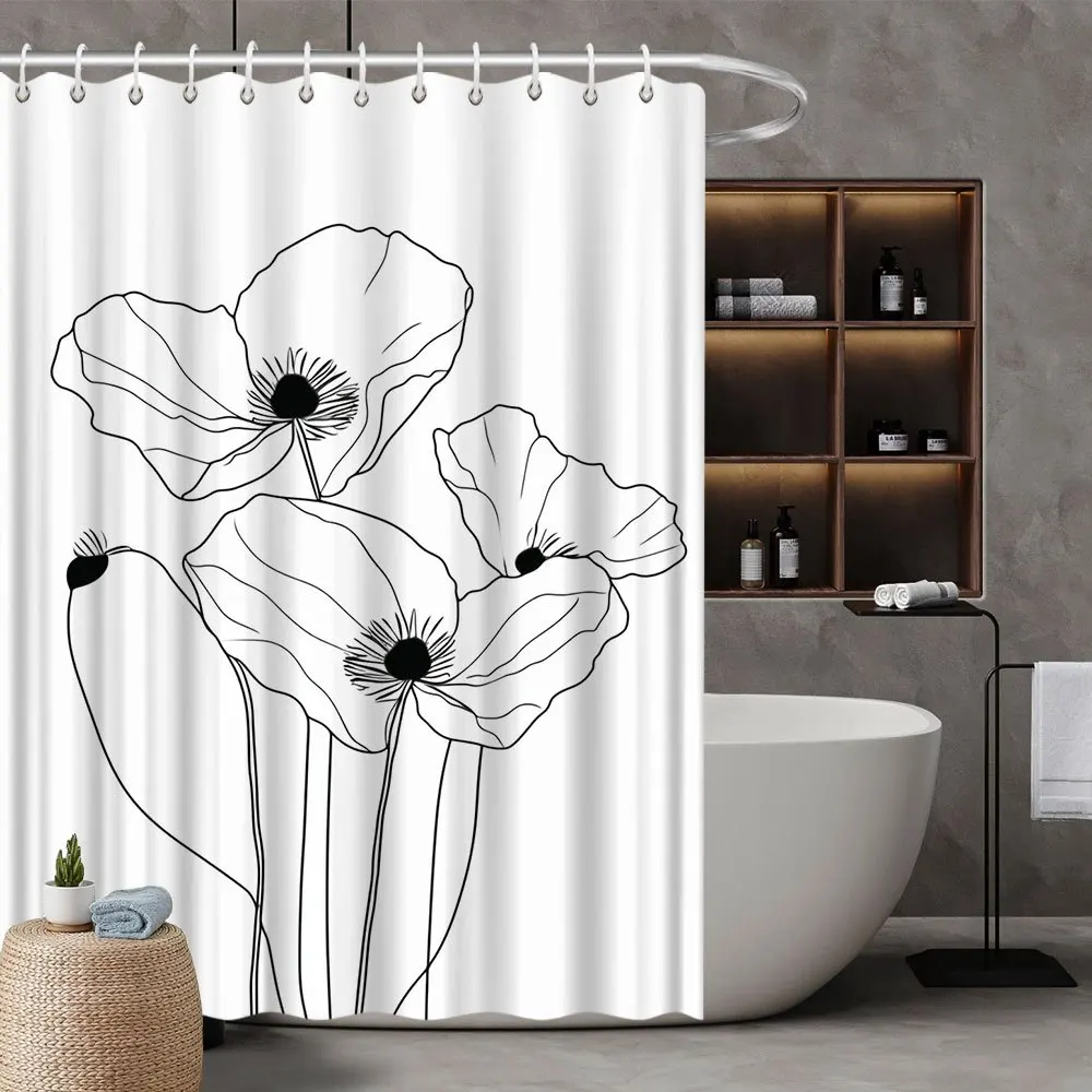 

Shower Curtain Minimalist Black White Poppies Line Drawing Three Poppies Thin Stems White Background Polyester 70.8x70.8 Inch