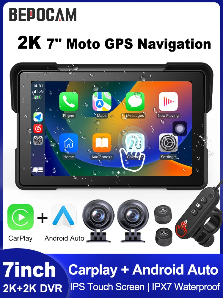 BEPOCAM 5/7'' Carplay Motorrad DVR Navigation GPS Kabelloses CarPlay Android Auto IPX7 Wasserdichter Bildschirm Moto Monitor