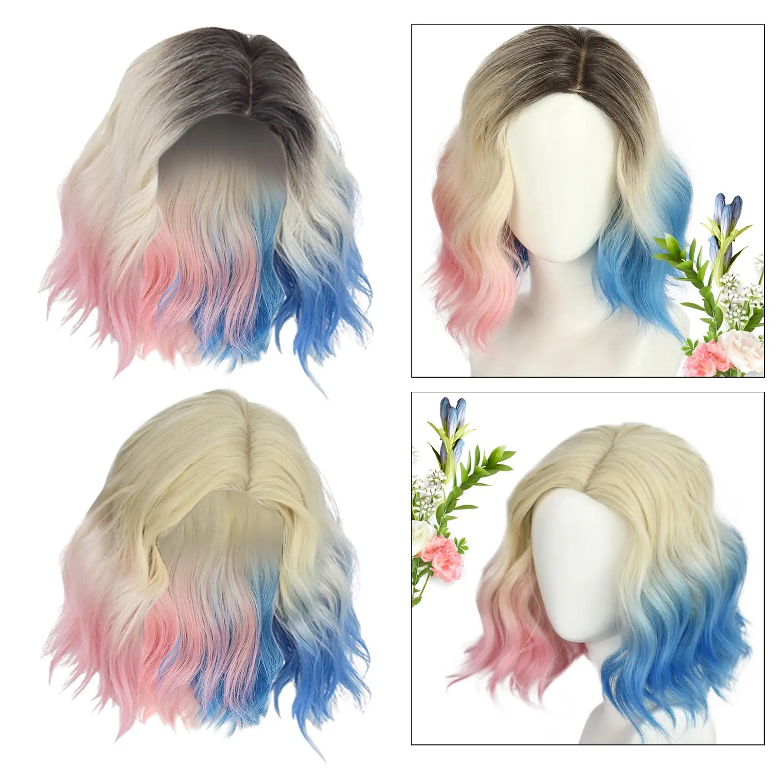 

Розовый синий парик с эффектом омбре, парик для костюма, светлый белый парик, женский короткий волнистый парик, термостойкий парик из синтетических волос