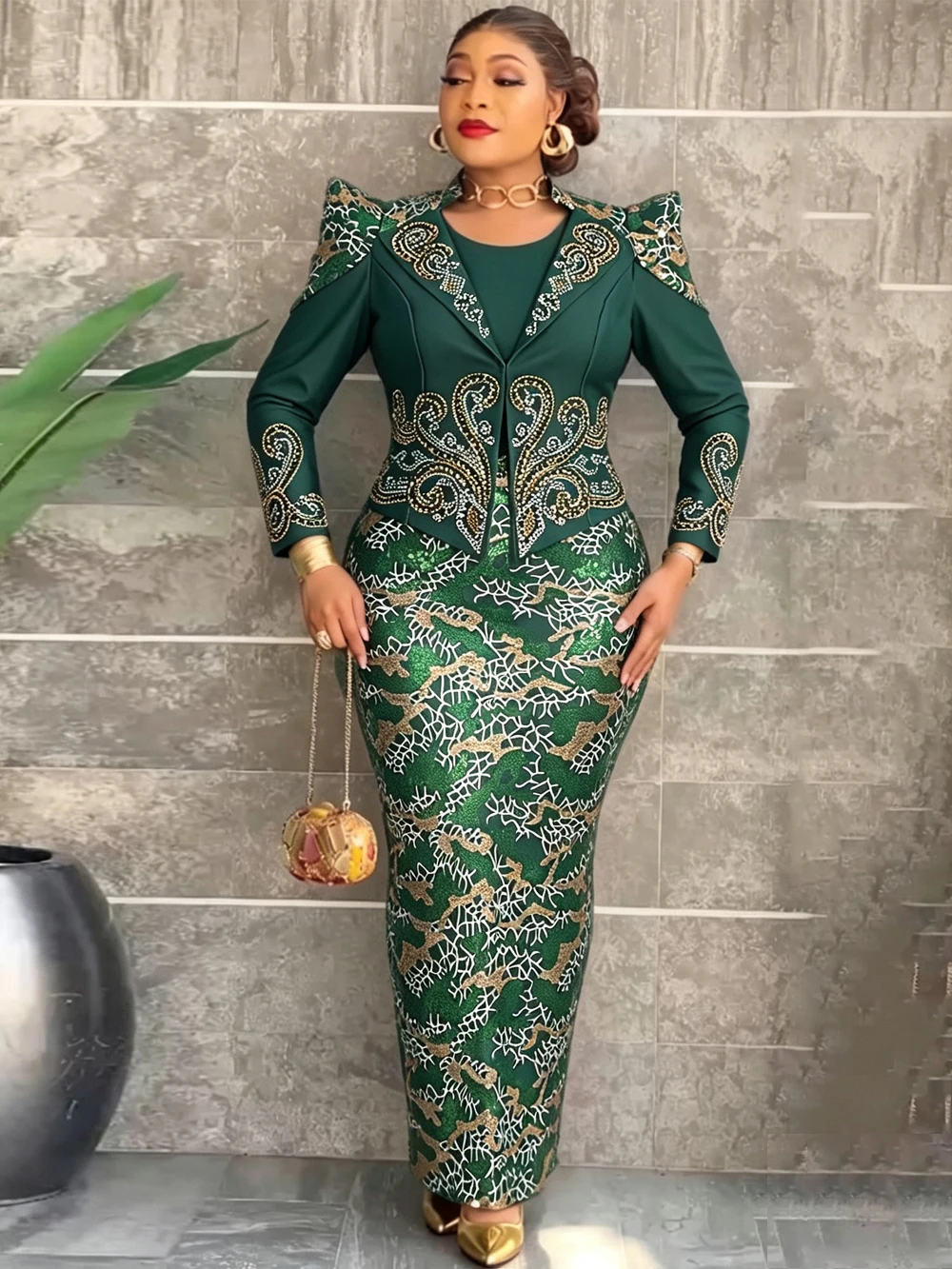 African Luxury Sequin Dresses Long Sleeve Coats & Dress 2 PCS Set Women Clothes Wedding Party Prom Gown Dubai Plus Size Kaftan