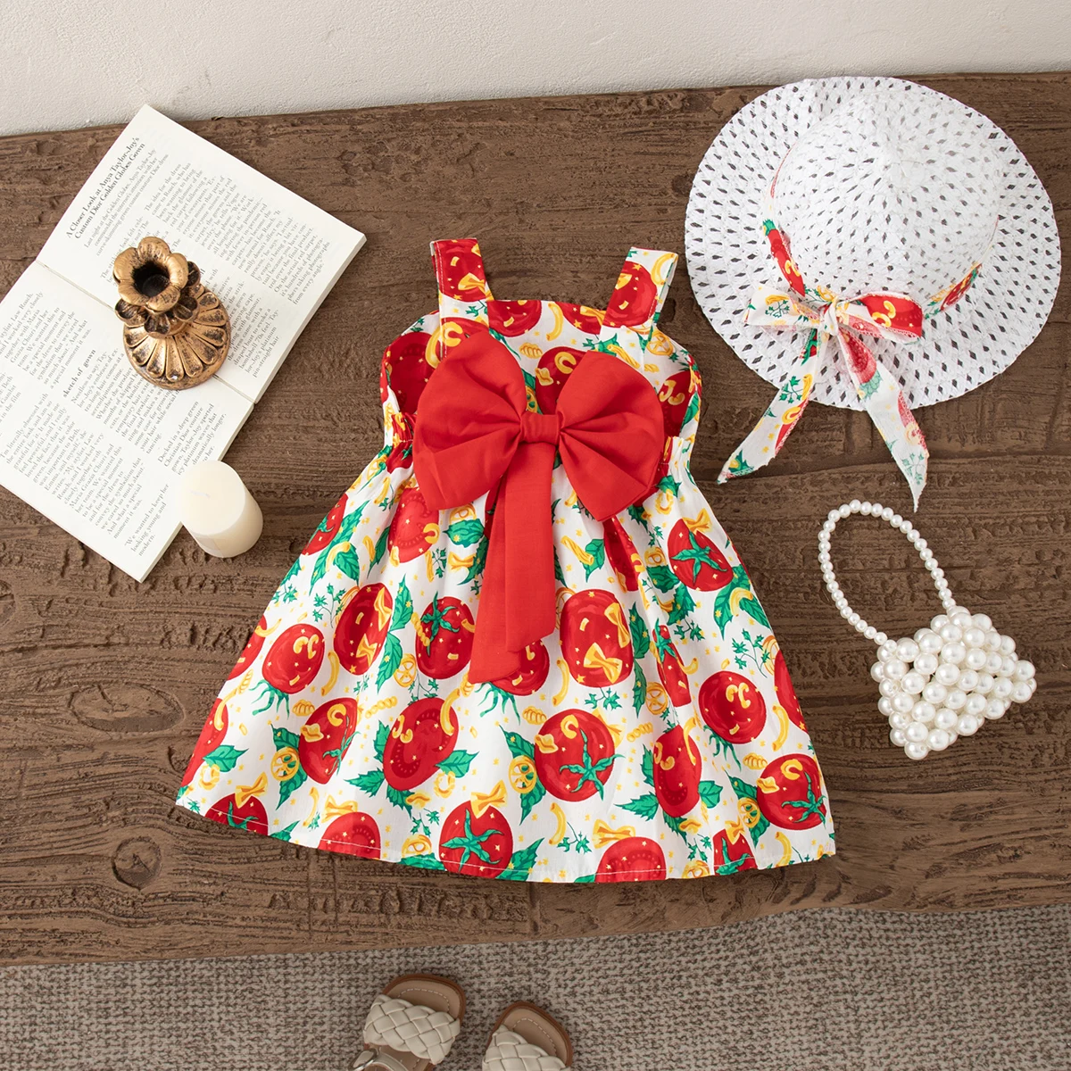 Summer Dress for Baby Girl Sending A Beach Hat Korean Style Fashion Cute Plant Printed Big Bow Casual Vocation Toddler Dress
