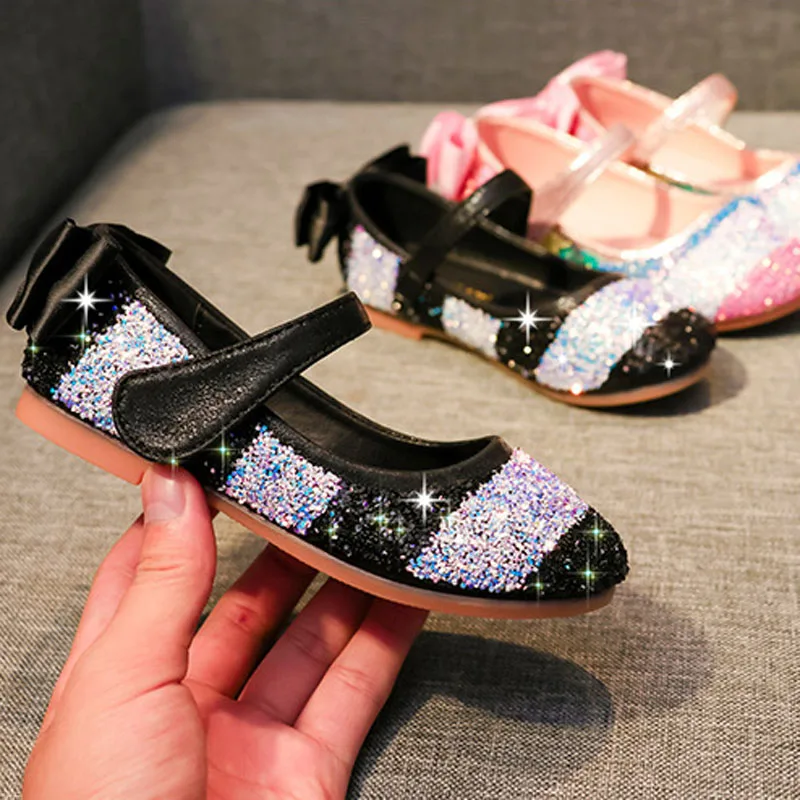 Picture 5: Kids Shoes Girls 2025 New Spring Princess Flat Party Dancing Shoes Rainbow Sequins Children Girls Shoes with Bowtie 24-38 CSH985