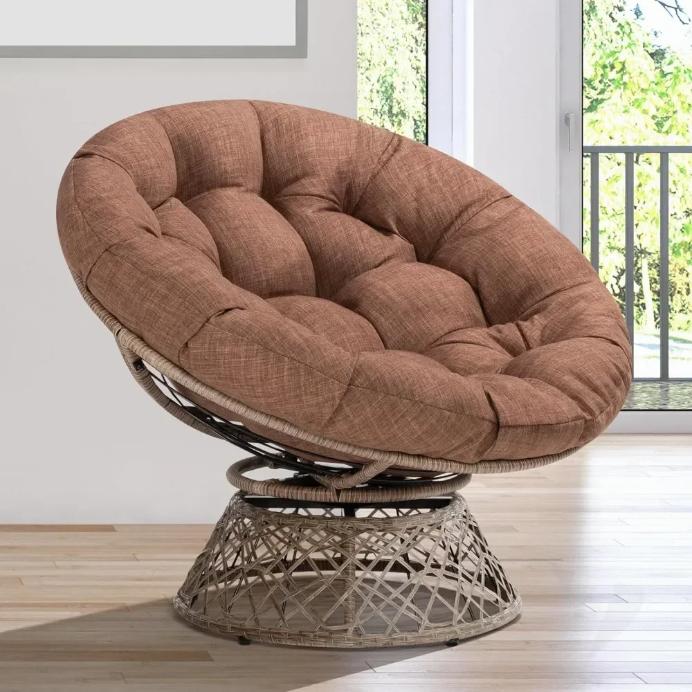 Cadeira ergonômica de vime Papasan com almofada de tecido de densidade macia e grossa, estrutura de aço de alta capacidade, giro de 360 graus para sala de estar