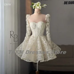 TAFN Luxury Lace Wedding Party Dresses Full Sleeves A-line Pleat Bridal Gown Above Knee Mini vestido de novia Customized