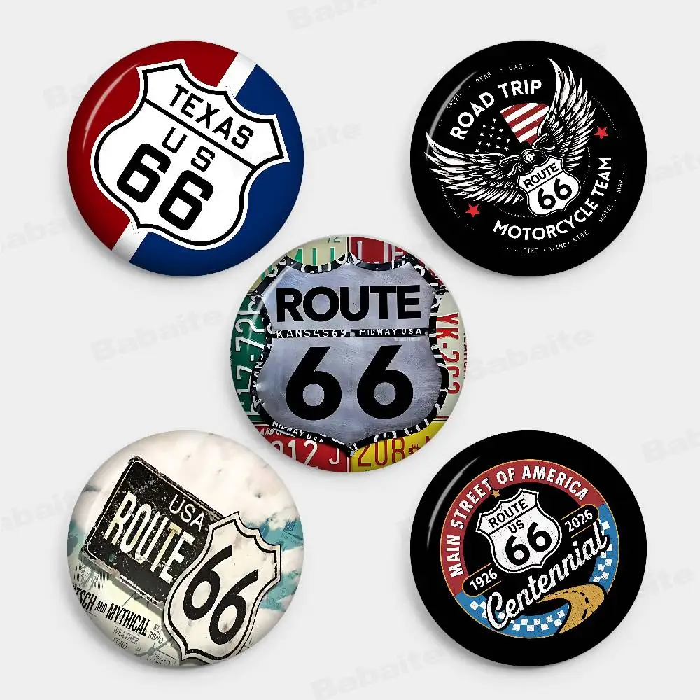 R-Route 66 Fashion Soft Button Pin Round Metal Badge Lapel Pin Parts Gift Friends Kid Jewelry