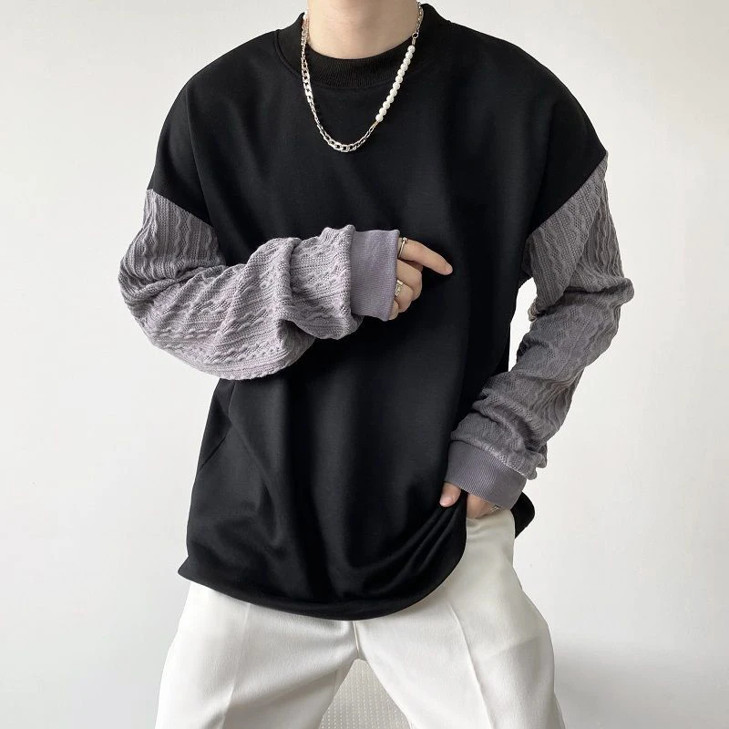 2026 Mens Patchwork Knit Sleeve Crew Neck Sweatshirt Color Contrast Spliced Pullover Fashion Curved Hem Daily Streetwear Tops