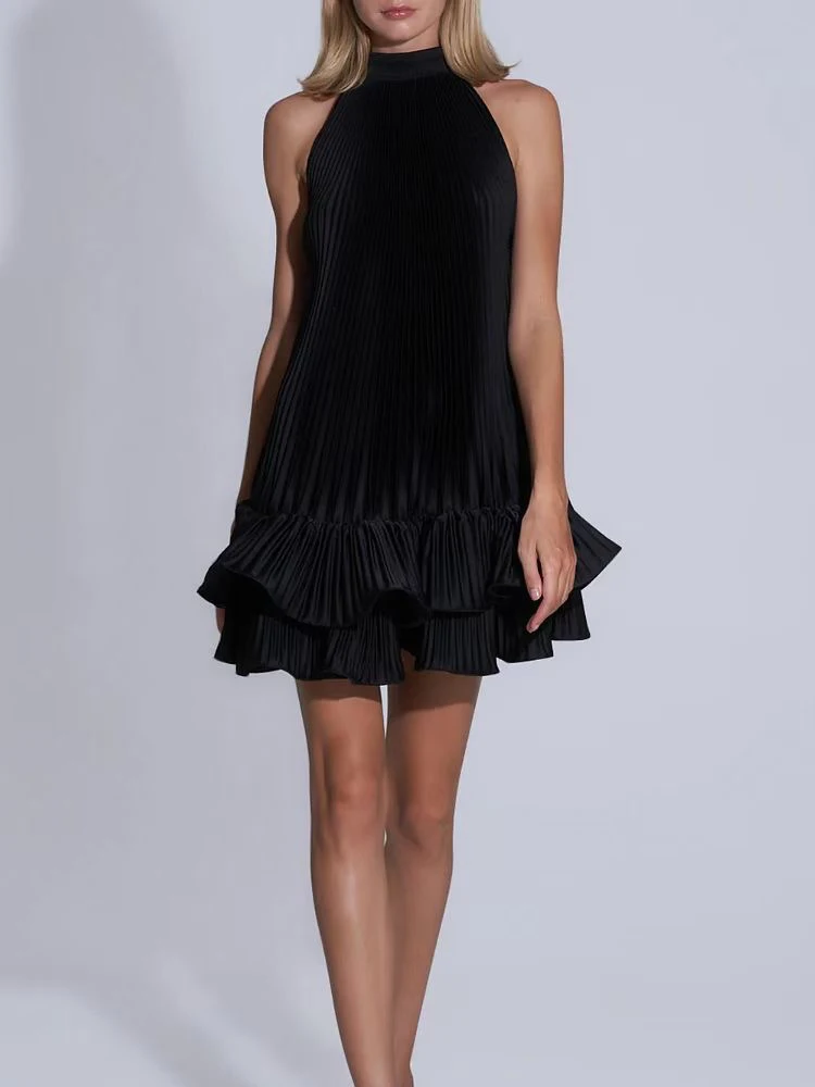 

Spring and summer 2025 new round neck strapless sleeveless vest skirt pleated ruffled skirt fashion A-neck dress