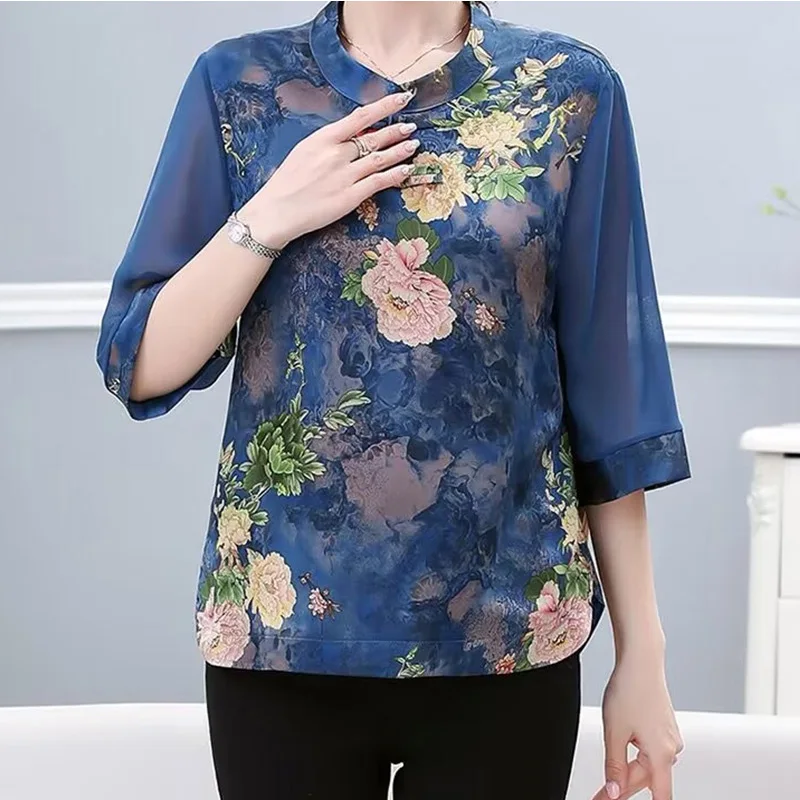 2024 New Summer Elegant Fashion Print Retro Loose Office Lady Women\'s Shirt Aesthetic Chinese Style O Neck Short Sleeve Y2K Tops