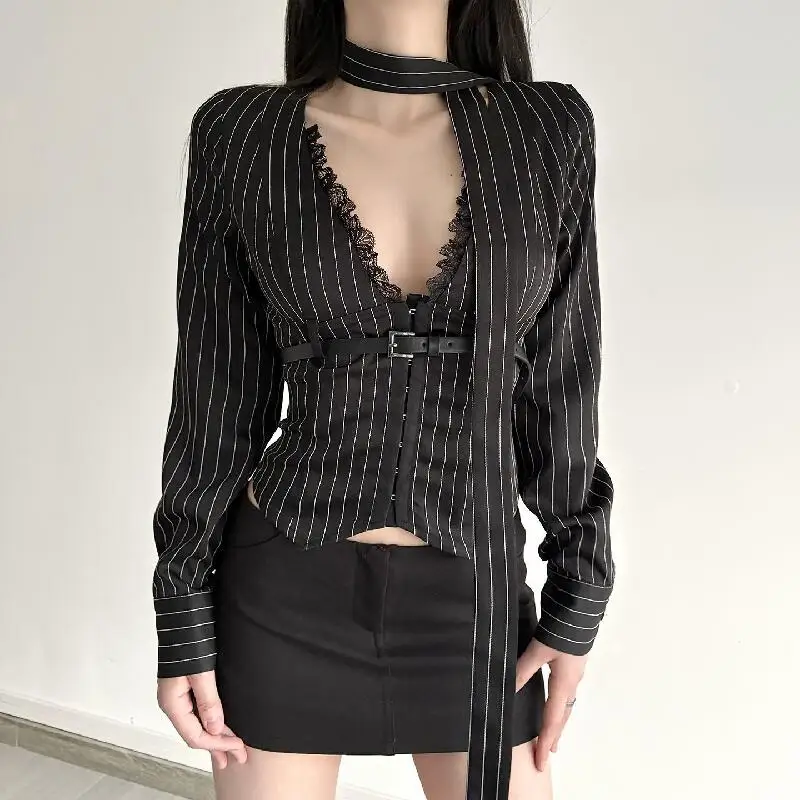 

Temperament Women's Black Lace Splicing Shirt Striped V-Neck Office Work Tops Girl Waist Tight Long Sleeve T-Shirt Elegant