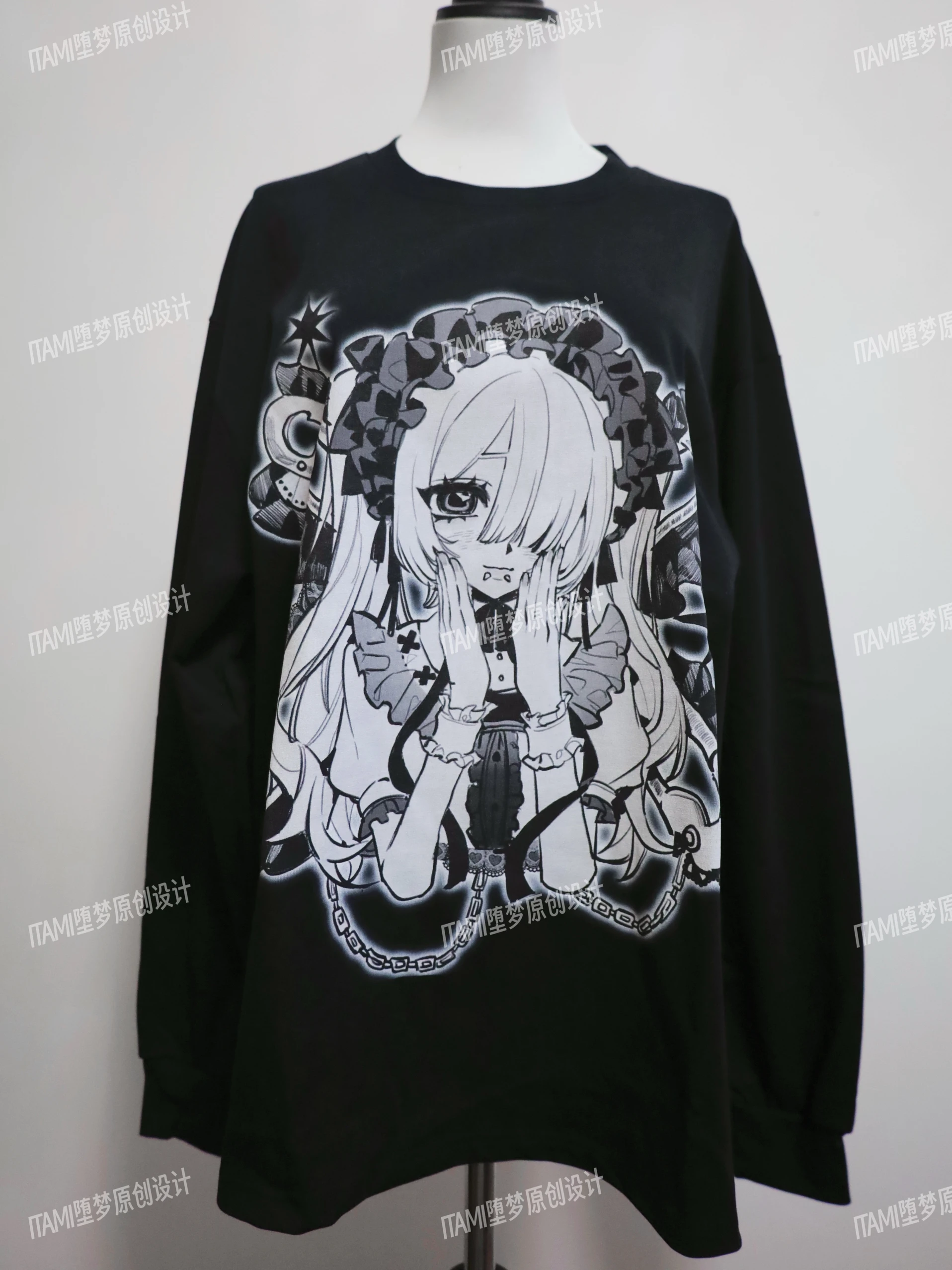 Japanese Mine Style Subculture Dark Cute Comic Girl Print Round Neck Long Sleeve Loose Versatile Oversized T-shirts Tops Women