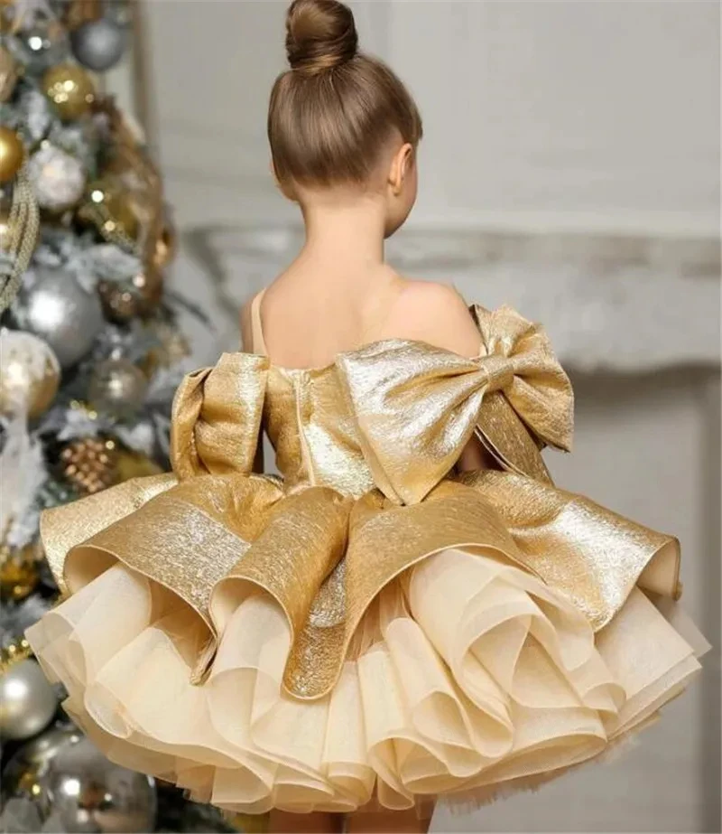 Puffy Gold Satin Flower Girl Dresses Knee Length Glitter Wedding Party Dress Bow Toddler Baby Birthday Pageant Ballet Tutu Dress