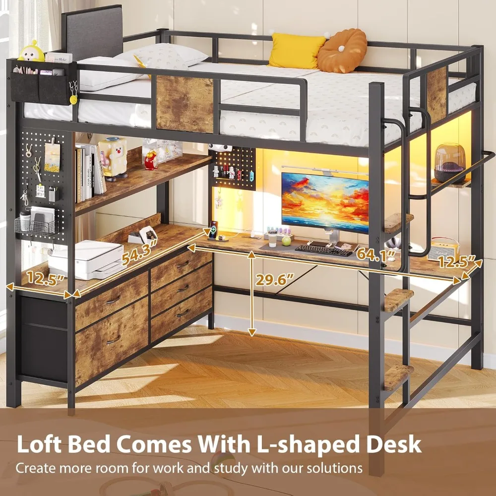 Loft Bed with L-Shaped Desk Full Size,Full Size Bed Frame with 5 Storage Drawers, Bunk Bed with Desk view 5