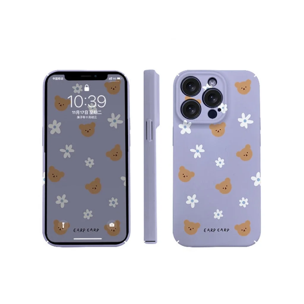 INS Purple Bear Flower Cartoon Phone Case for IPhone 16 15 14 13 Pro Max 12 11 Pro 13 Mini Back Cover X XR 14 PLUS SE 2022 Funda