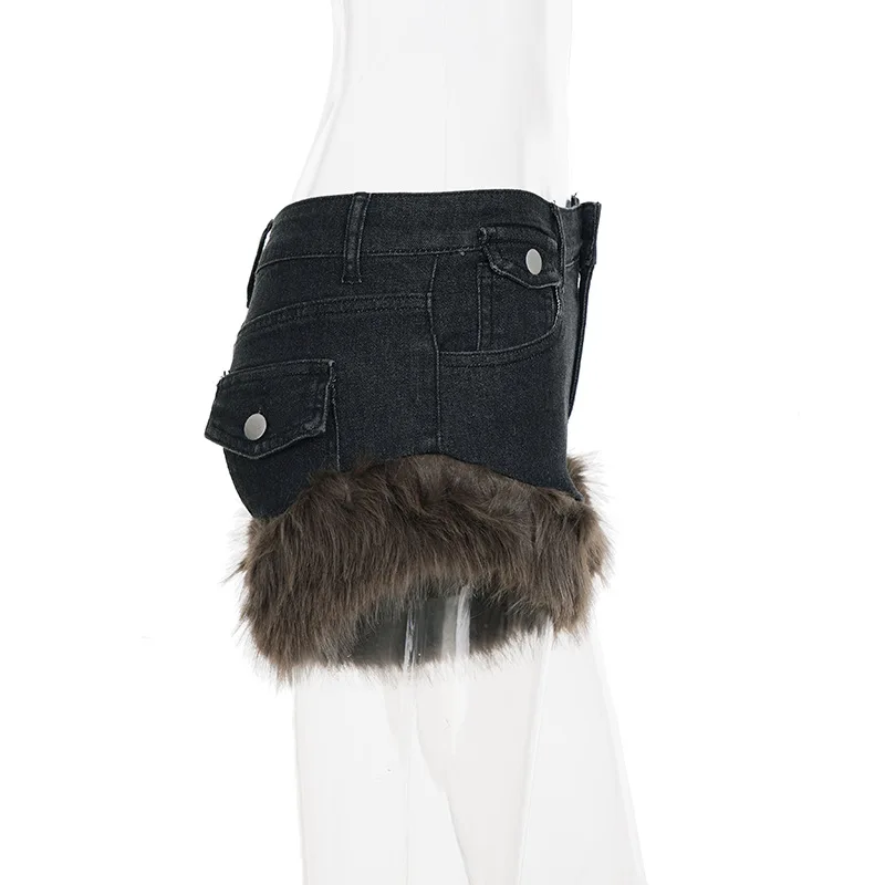 2026 New Retro Fluffy Splicing Denim Shorts Spice Girl Warm Fashion Low Waist Hip Hot Pants Women
